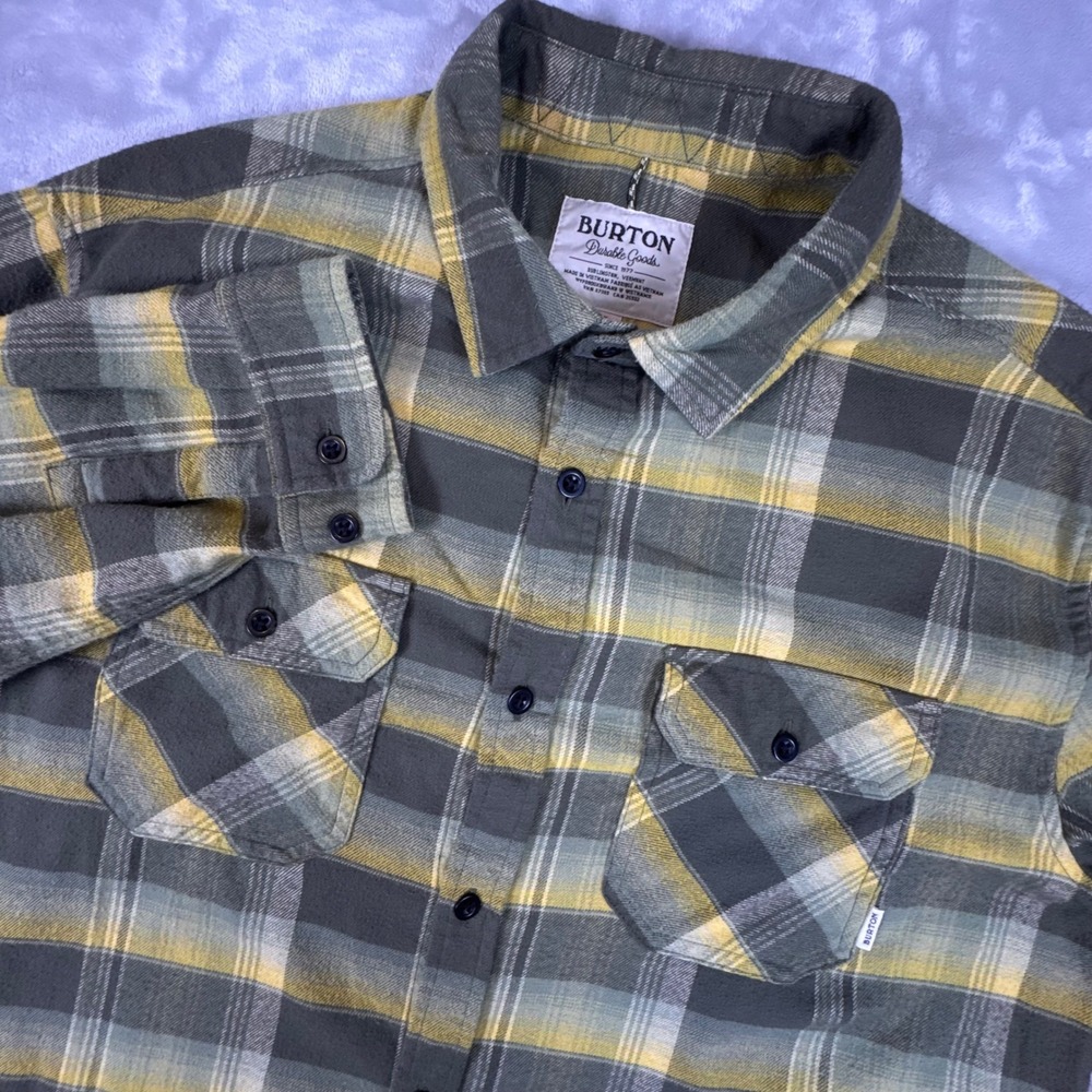 Burton Brighton Flannel Shirt Mens Large Gray Yellow Plaid Button Up 14053